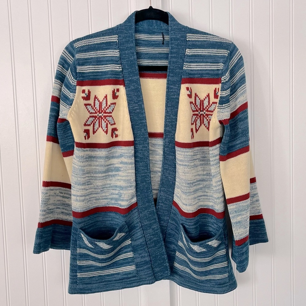 Vintage Colorful Snowflake Pattern Bell Sleeves Open Front Knit Cardigan Sweater
